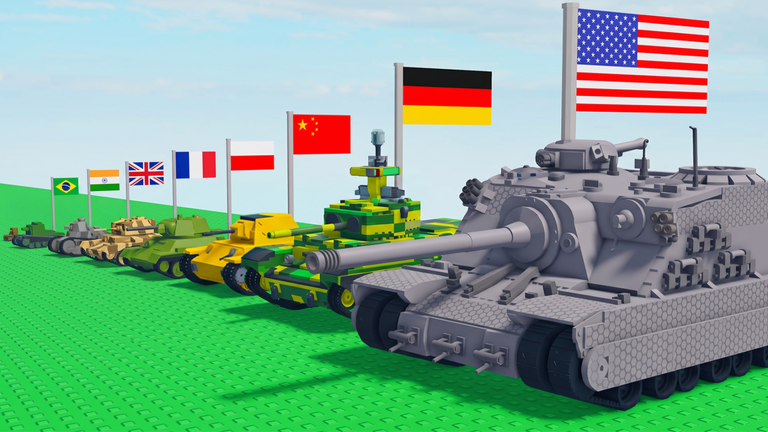 Miniature tanks from several nations lined up with their flags on a green brick battlefield