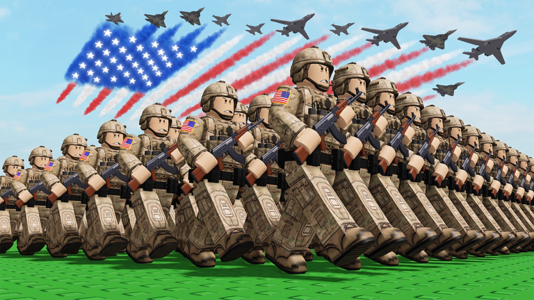 Official Mini War artwork of soldiers marching in formation under a large national flag