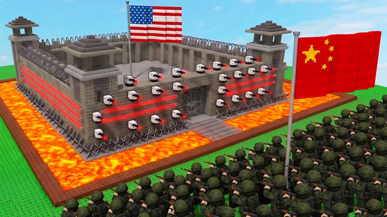 Official Mini War base surrounded by defensive walls, razor wire and lava moats with soldiers on parade