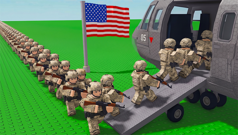 Official Mini War artwork of soldiers charging down a helicopter ramp