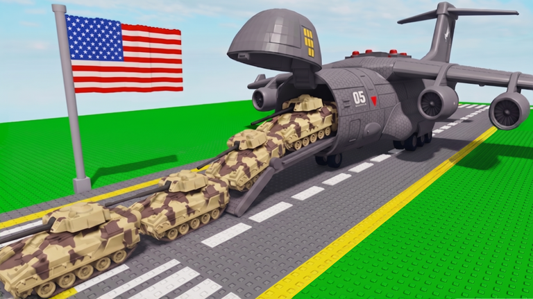 Official Mini War camo tanks rolling out of a cargo plane onto a runway