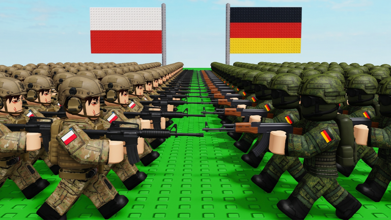 Official Mini War artwork of two armies face to face under Polish and German flags