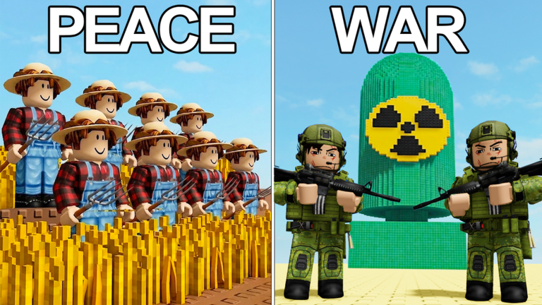 Official Mini War artwork split between peaceful farmers and armed soldiers in front of a nuclear tower